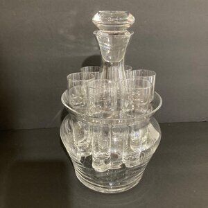 Vintage Czech Glass Grooms Gift Decanter Set With 6 Shot Glasses And Ice Bowl